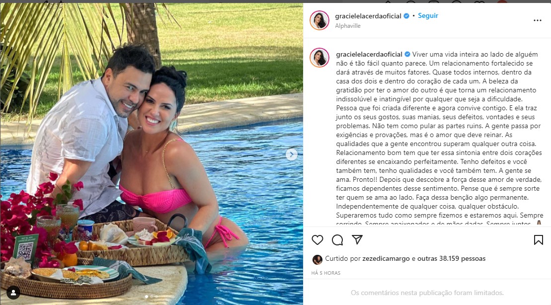 Graciele Lacerda reflete sobre problemas de relacionamento em desabafo - Foto: Reprodução