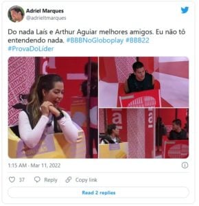 Internautas brincam com a rivalidade entre Arthur e Laís que virou amizade no BBB22