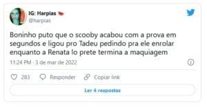 Internautas brincaram que Renata Lo Prete ficou feliz com vitória em tempo recorde de Scooby no BBB22 (Foto: Reprodução / Twitter)