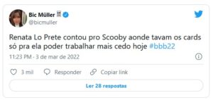 Internautas brincaram que Renata Lo Prete ficou feliz com vitória em tempo recorde de Scooby no BBB22 (Foto: Reprodução / Twitter)