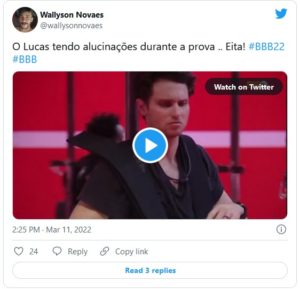 Web reage sobre possíveis alucinações de Lucas na Prova do Líder do BBB22 (Foto: Reprodução / Twitter)