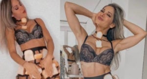 Coragem! Maíra Cardi dança com fatias de pão penduradas em apoio a Arthur Aguiar (Foto: Reprodução / Instagram)