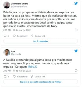 Internautas pedem expulsão de Natália no BBB22 (Foto: Reprodução / Twitter)