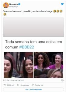 Neymar Jr brincou com a fama de "Pé-frio" de Eslovênia no BBB22 (Foto: Reprodução / Twitter)