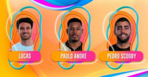 Lucas Bissoli, Paulo André e Scooby são as três opções de votação no décimo paredão do BBB22 (Foto: Reprodução / Gshow)