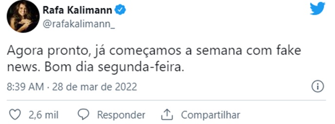 Rafa Kalimann detonou no microblog 