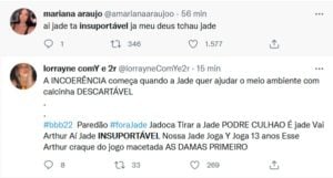 Internautas elogiaram Arthur e criticaram Jade no BBB22 (Foto: Reprodução / Twitter)