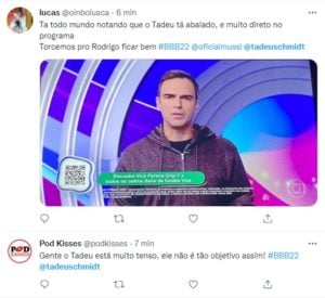 Internautas repercutiram a apresentação de Tadeu no BBB22 (Foto: Reprodução / Twitter)