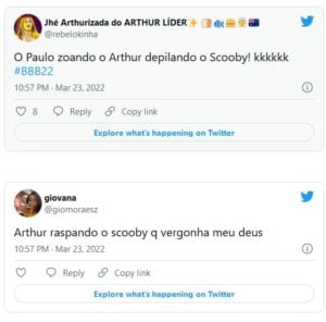 Web reagiu sobre a depilação de Scooby e Arthur no BBB22 (Foto: Reprodução / Twitter)