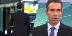 César Tralli iniciou o Jornal Hoje virado de costas (Montagem: TV Foco)