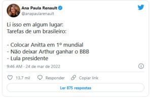 Ana Paula Renault detonou Arthur Aguiar do BBB22 (Foto: Reprodução / Twitter)