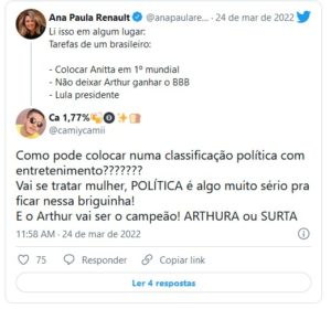 Ana Paula Renault foi criticada por não torcer por Arthur no BBB22 (Foto: Reprodução / Twitter)