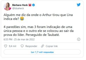 Bárbara Heck reage contra Arthur Aguiar no BBB22 (Foto: Reprodução / Twitter)