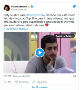 Nesta quarta-feira (30), Natália desabafou sobre os momentos de crise no BBB22 (Foto: Reprodução / Twitter) 