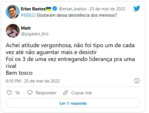 Fãs do BBB22 não gostaram da vitória de Lina como líder (Foto: Reprodução / Twitter)