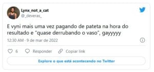 Internautas detonaram mais uma trapalhada de Vyni no BBB22 (Foto: Reprodução / Twitter)