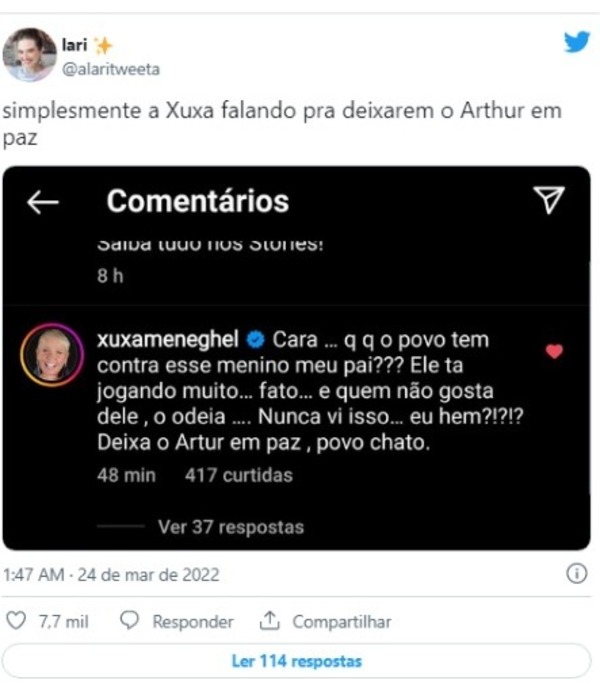 BBB22: Xuxa sai em defesa de Arthur Aguiar (Foto: Reprodução/Twitter)