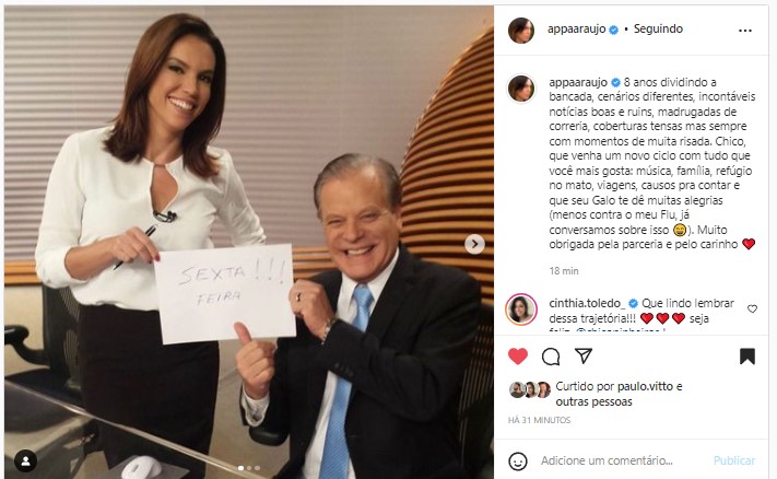 Ana Paula Araújo se despediu de Chico Pinheiro no Instagram