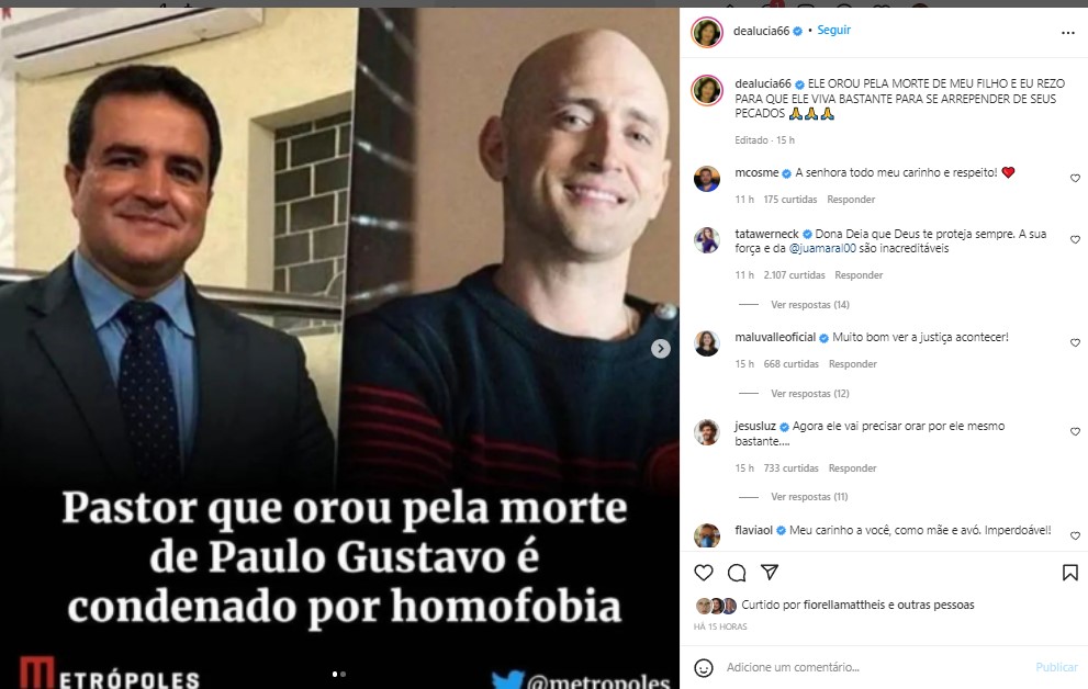 Dea Lúcia comentou a condenação do pastor que desejou a morte de Paulo Gustavo