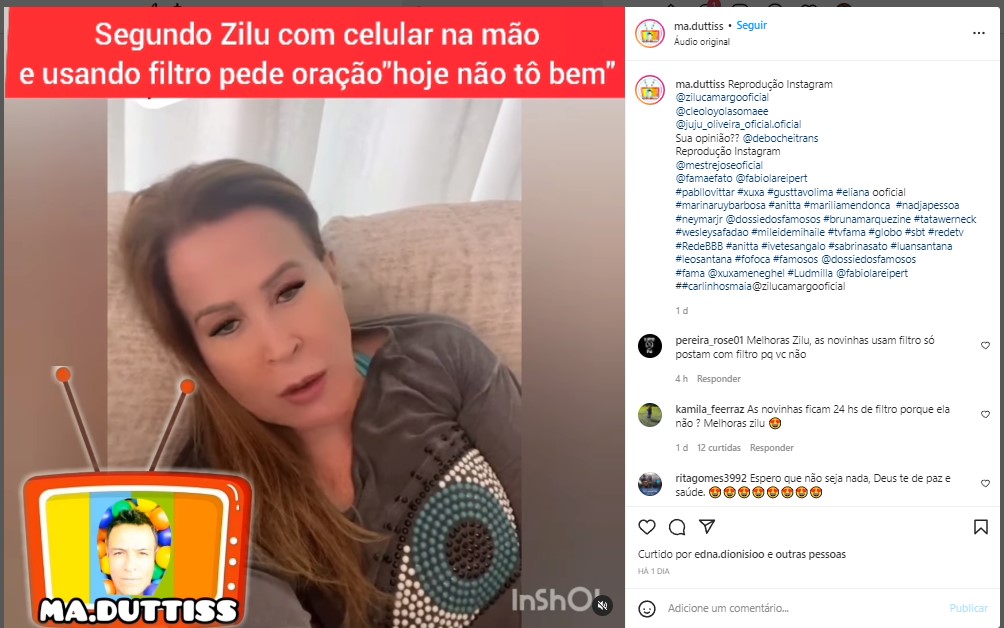 Desabafo de Zilu foi repercutido por perfil de fofocas no Instagram