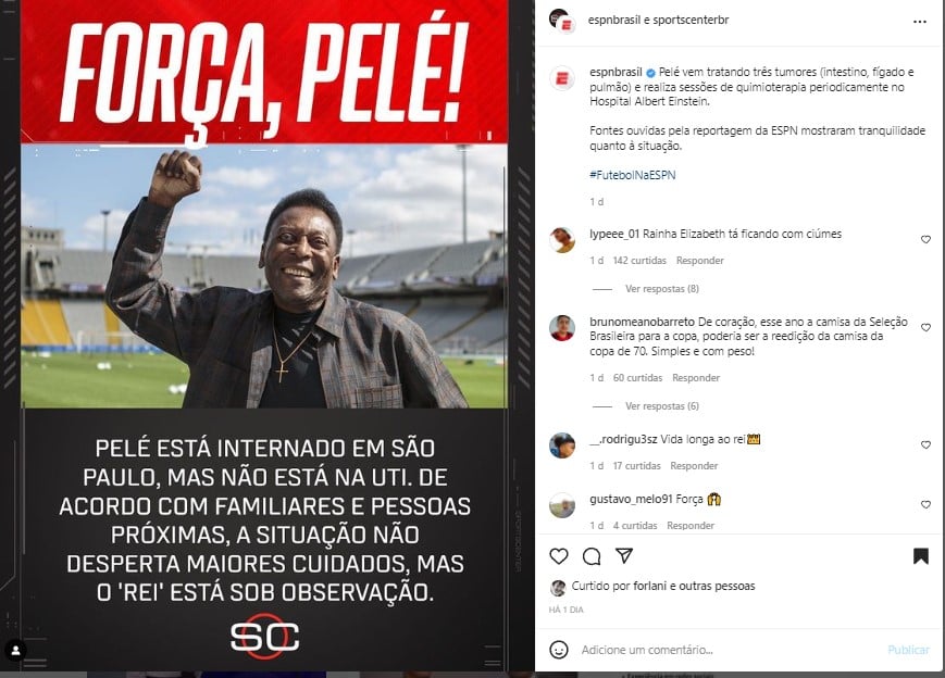 Espn afirmou que Pelé luta contra três tumores espalhado pelo corpo