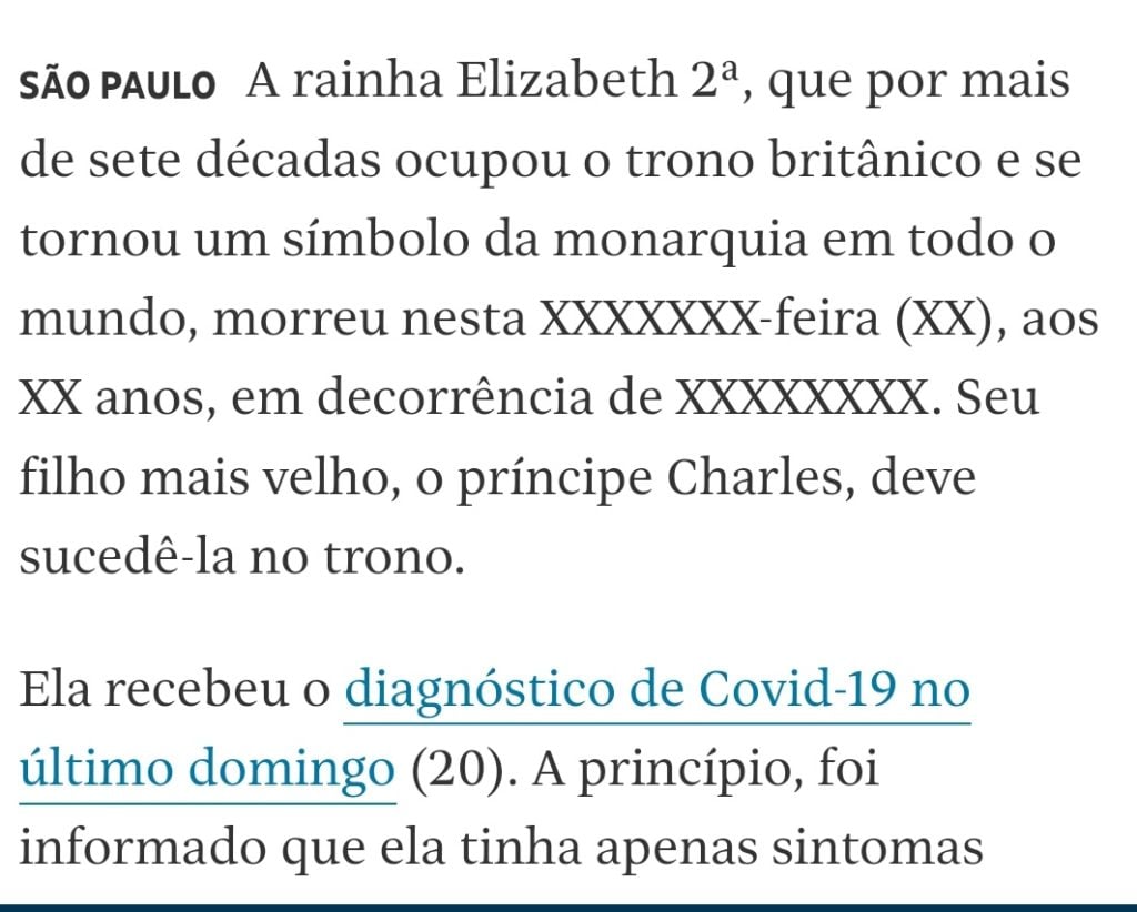 Folha de São Paulo anuncia, por engano, morte da Rainha Elizabeth - Reprodução