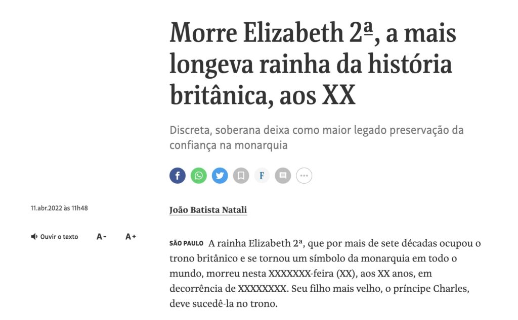 Folha de São Paulo anuncia, por engano, morte da Rainha Elizabeth - Reprodução