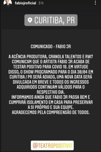 Fábio júnior anunciou cancelamento de shows nas redes sociais