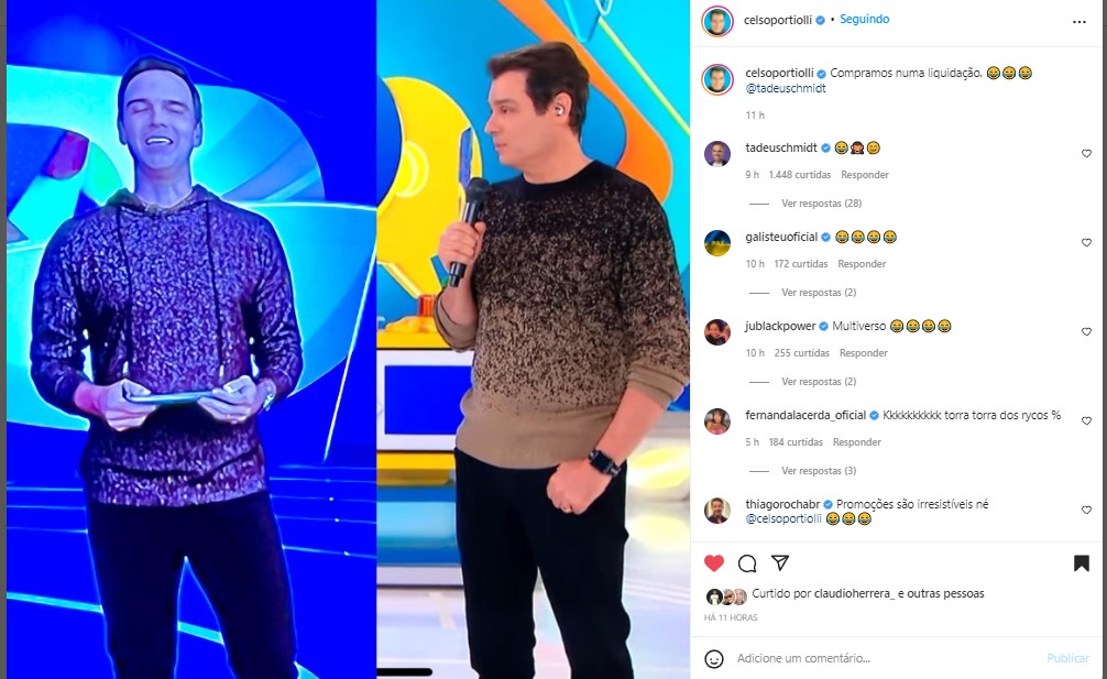 Celso Portiolli comentou sobre o look idêntico de Tadeu na Globo