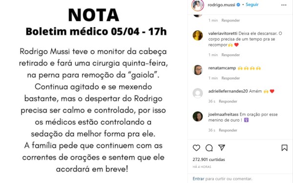 Boletim médico sobre estado de saúde de Rodrigo Mussi (Imagem: Reprodução)