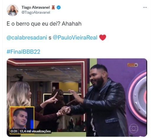 BBB22: Tiago Abravanel reagiu à piada de Dani Calabresa e Paulo Vieira no Twitter (Foto: Reprodução)