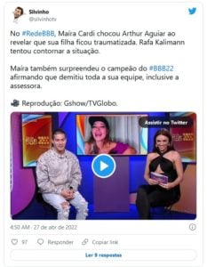 BBB22: Maíra Cardi escondeu segredo para Arthur Aguiar não ser eliminado (Foto: Reprodução / Twitter)