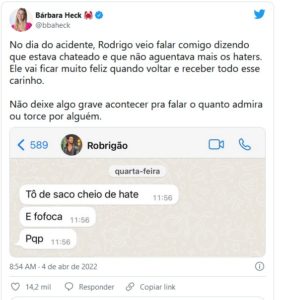 Bárbara do BBB22 expõe conversa com Rodrigo no dia do acidente (Foto: Reprodução / Twitter)