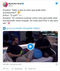 Gustavo Marsengo no BBB22; paranaense adivinhou o tipo de votação para o paredão falso (Foto: Reprodução / Twitter)