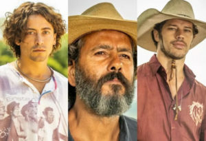 Jove (Jesuíta Barbosa), José Leôncio (Marcos Palmeira) e Tadeu (José Loreto) de 'Pantanal'(Foto: Reprodução / Globo)