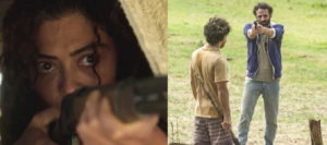 Cena dramática, onde Gil (Enrique Diaz) foi assassinado e Maria Marruá (Juliana Paes) também resolveu matar o grileiro que tirou a vida do seu marido em 'Pantanal' (Foto: Reprodução / Globo)