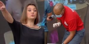 Catia Fonseca e o bombeiro do MDT (Montagem: TV Foco)