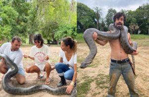 Cobra sucuri com o elenco de 'Pantanal' (Foto: Reprodução / Globo)