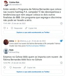 A "padaria" questionou a ausência do nome de Arthur Aguiar do BBB22 no telão do Encontro (Foto: Reprodução / Twitter)