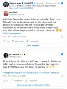 Fãs de Arthur Aguiar do BBB22 criticaram Fátima Bernardes (Foto: Reprodução / Twitter)