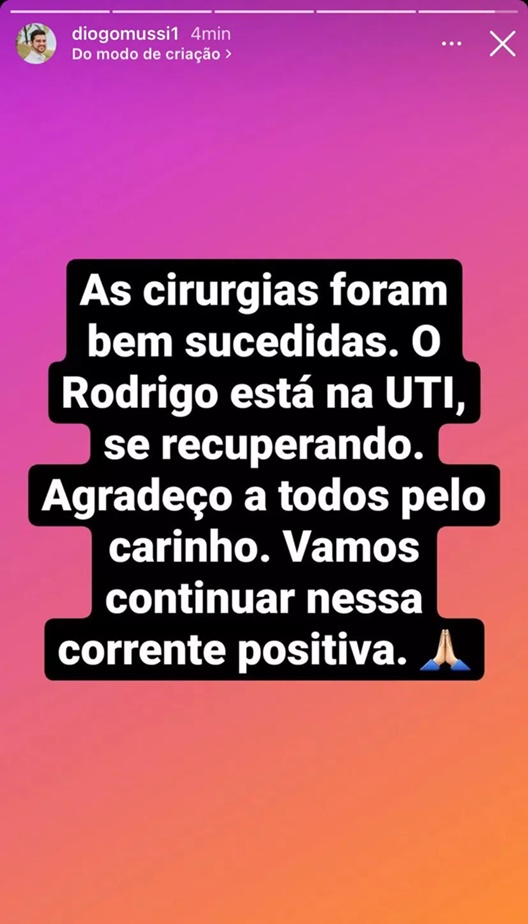 Irmão de Rodrigo Mussi informa estado de saúde após delicadas cirurgias