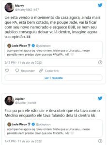  Jade Picon foi criticada na web por apoiar Paulo André no BBB22 vivendo um suposto affair com Gabriel Medina (Foto: Reprodução / Twitter)