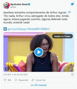 Jessilane Alves no BBB22; professora ironizou discurso solitário de Arthur Aguiar no jogo (Foto: Reprodução / Twitter)