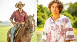 José Loreto interpreta o peão Tadeu, filho de José Leôncio (Marcos Palmeira) em 'Pantanal' e Jesuíta Barbosa é Jove, sem irmão (Foto: Reprodução / Globo)