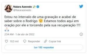 Naiara Azevedo prestou solidariedade ao estado de saúde de Rodrigo Mussi, seu desafeto no BBB22 (Foto: Reprodução / Twitter)