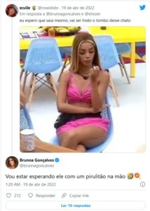 Brunna Gonçalves está ansiosa para a eliminação de Gustavo no BBB22 (Foto: Reprodução / Twitter)