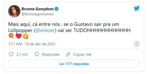 Brunna Gonçalves está ansiosa para a eliminação de Gustavo no BBB22 (Foto: Reprodução / Twitter)