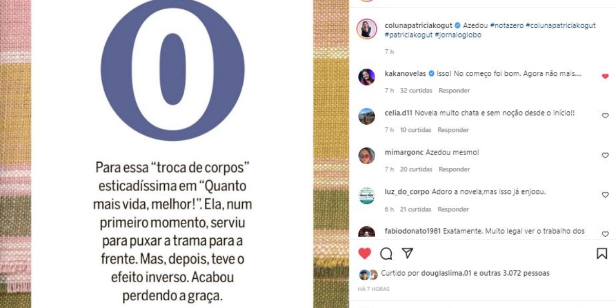 Patrícia Kogut teceu críticas a "Quanto Mais Vida, Melhor!" (Foto: Reprodução/Instagram)