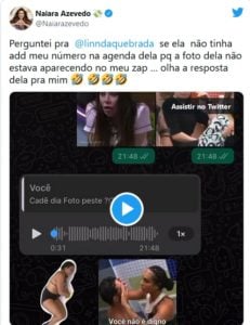 BBB22: Naiara Azevedo expõe Lina na web (Foto: Reprodução / Twitter)