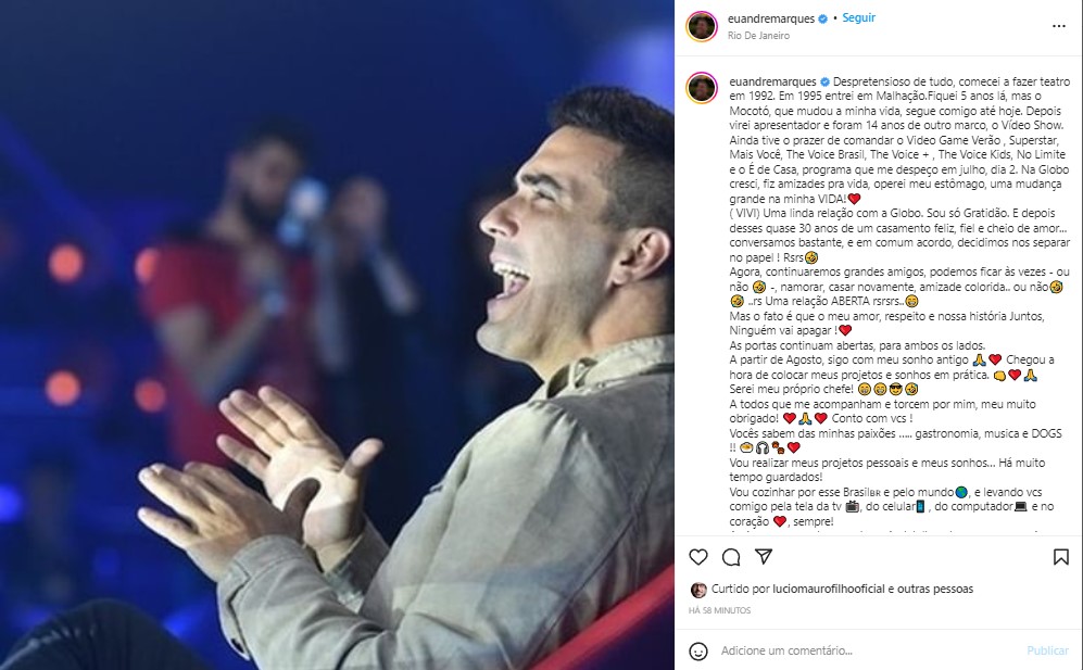 André Marques se despediu da Globo no Instagram, mas ressaltou que ainda tem portas abertas na emissora